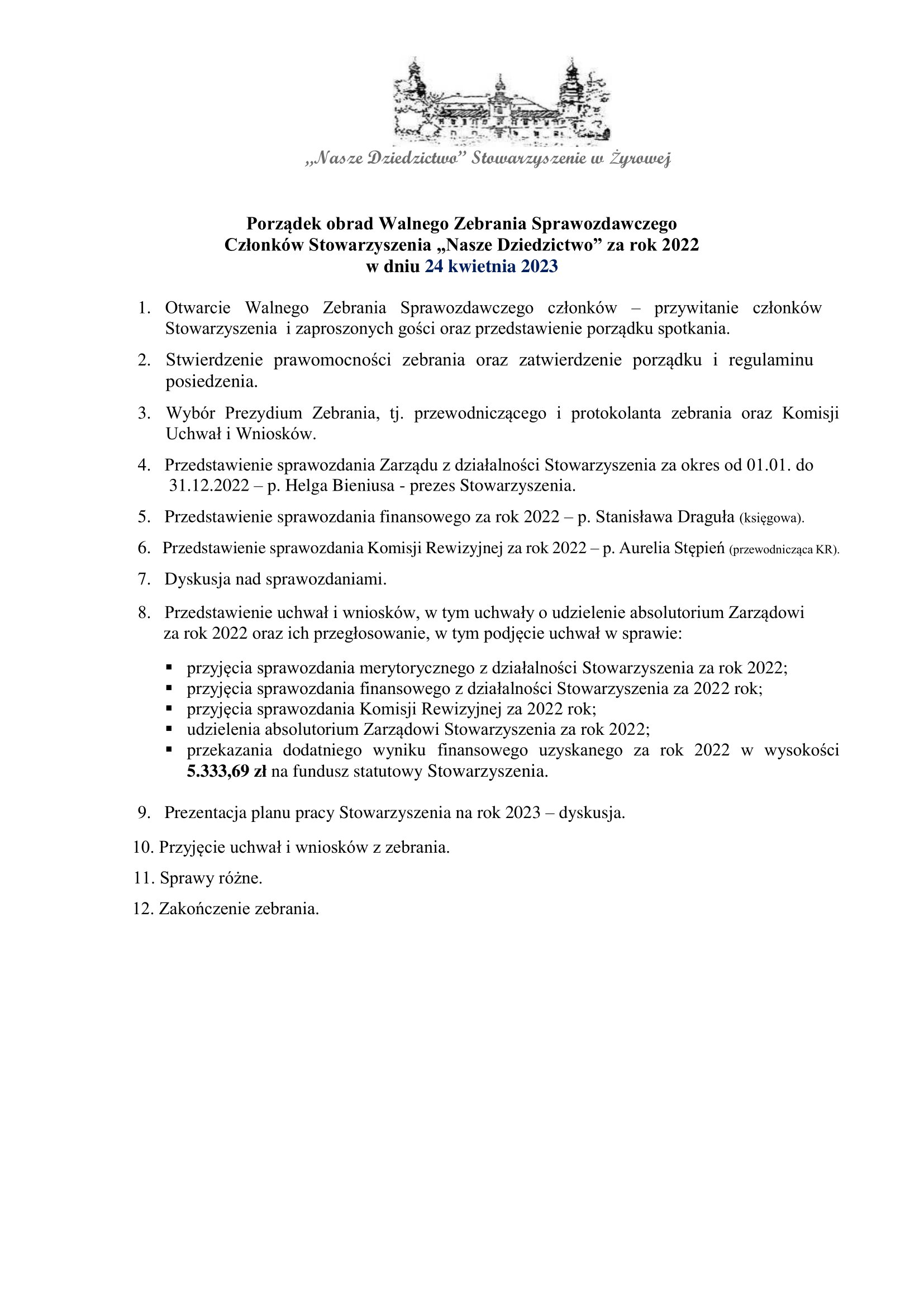 Porządek Walnego Zebrania Sprawozdawczego 25.04.2022